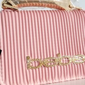 Bebe Pink Ribbed Clutch with Gold Accents